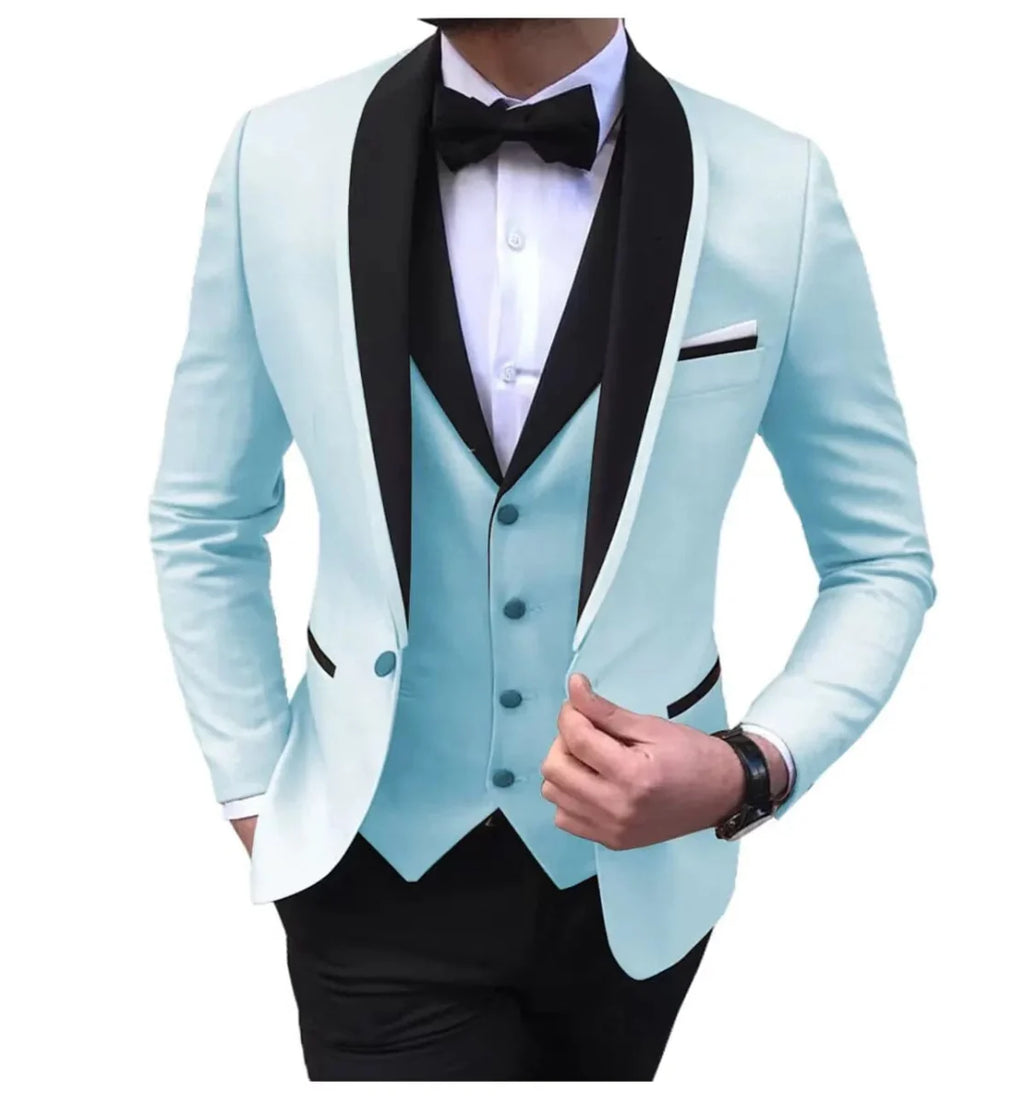 Kromoc Men's 3-Piece Slim Fit Wedding Suit with shawl lapel, jacket, vest, and pants, ideal for formal occasions and grooms.