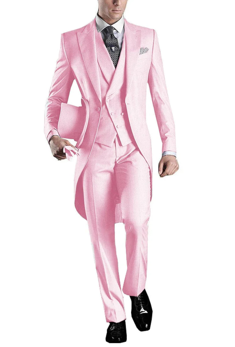 Kromoc men's 3-piece skinny fit tuxedo suit with wool blend fabric, including tailcoat, vest, and trousers for formal occasions