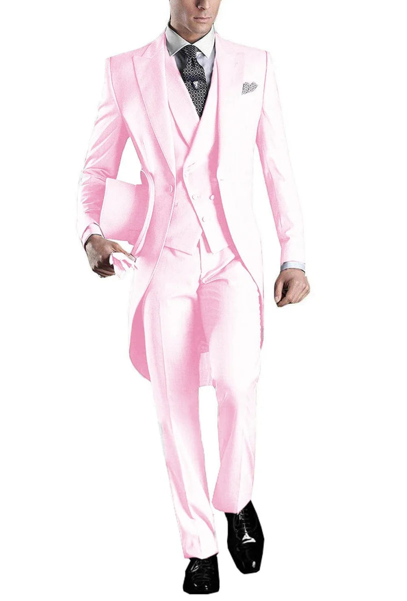 Kromoc Men's 3-Piece Skinny Fit Tuxedo Suit with wool blend fabric, including tailcoat, vest, and trousers for formal occasions