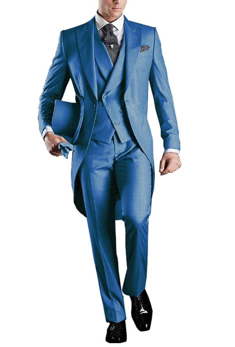 Kromoc men's 3-piece skinny fit tuxedo suit with wool blend fabric, including tailcoat, dress pants, vest, and blazer for formal occasions