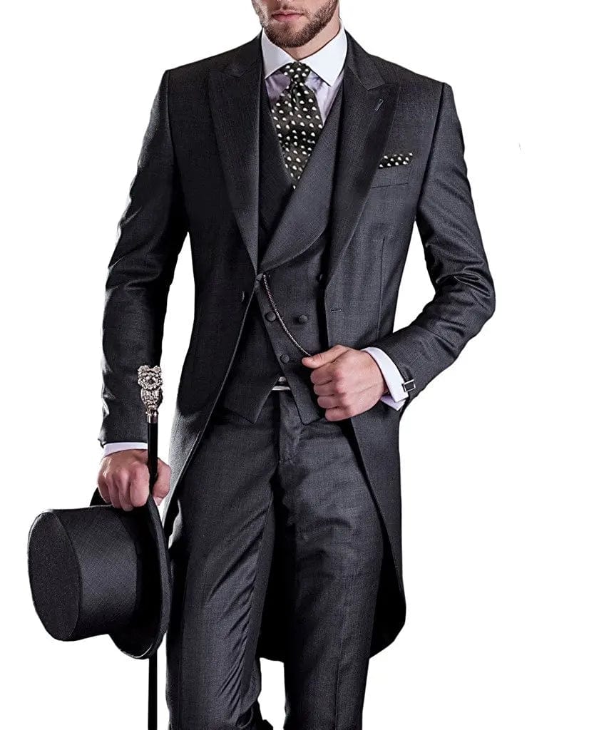 Kromoc Men's 3-Piece Skinny Fit Tuxedo Suit in wool blend, including tailcoat, vest, and trousers, for formal occasions
