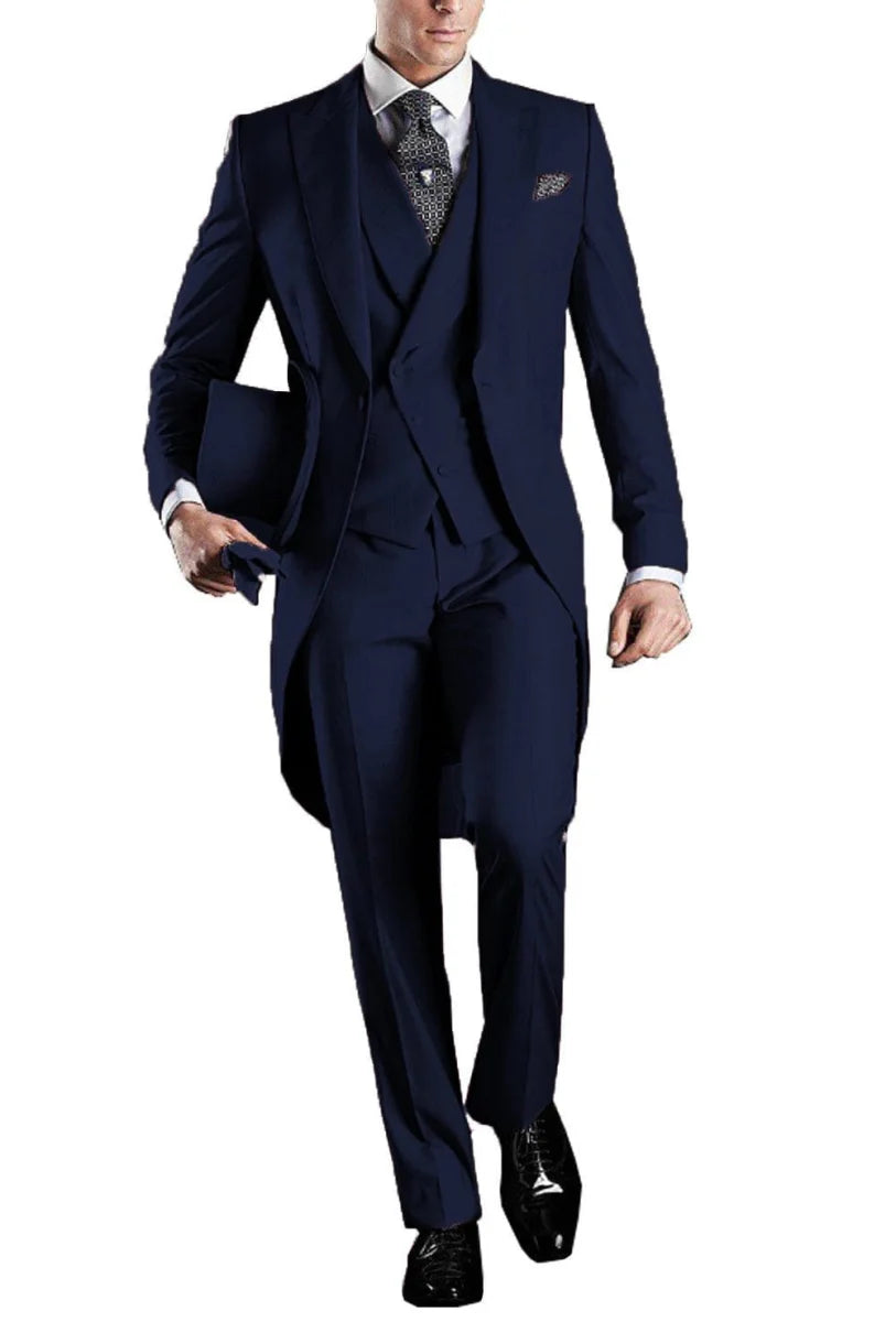 Kromoc Men's 3-Piece Skinny Fit Tuxedo Suit by Showlu Fashion, wool blend wedding tailcoat with matching pants and vest.