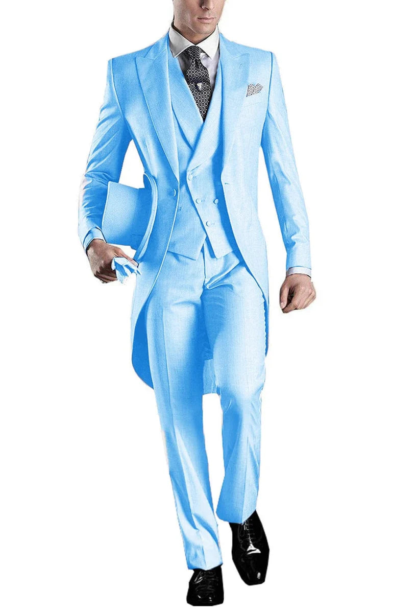 Kromoc men's 3-piece skinny fit tuxedo suit by Showlu Fashion, featuring a wool blend wedding tailcoat, vest, and dress trousers.