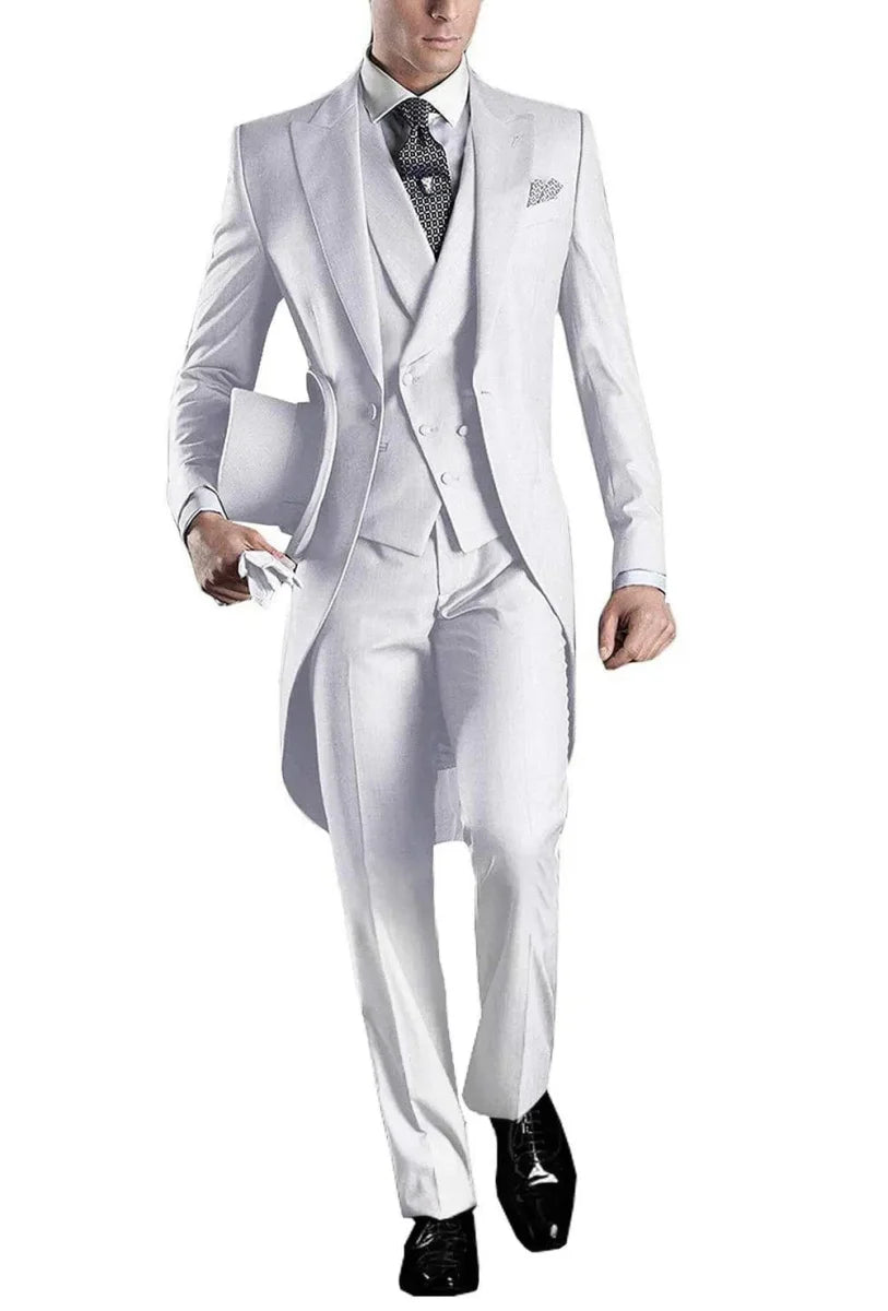 Kromoc Men's 3-Piece Skinny Fit Tuxedo Suit by Showlu Fashion, wool blend wedding tailcoat with matching vest and trousers, formal attire.