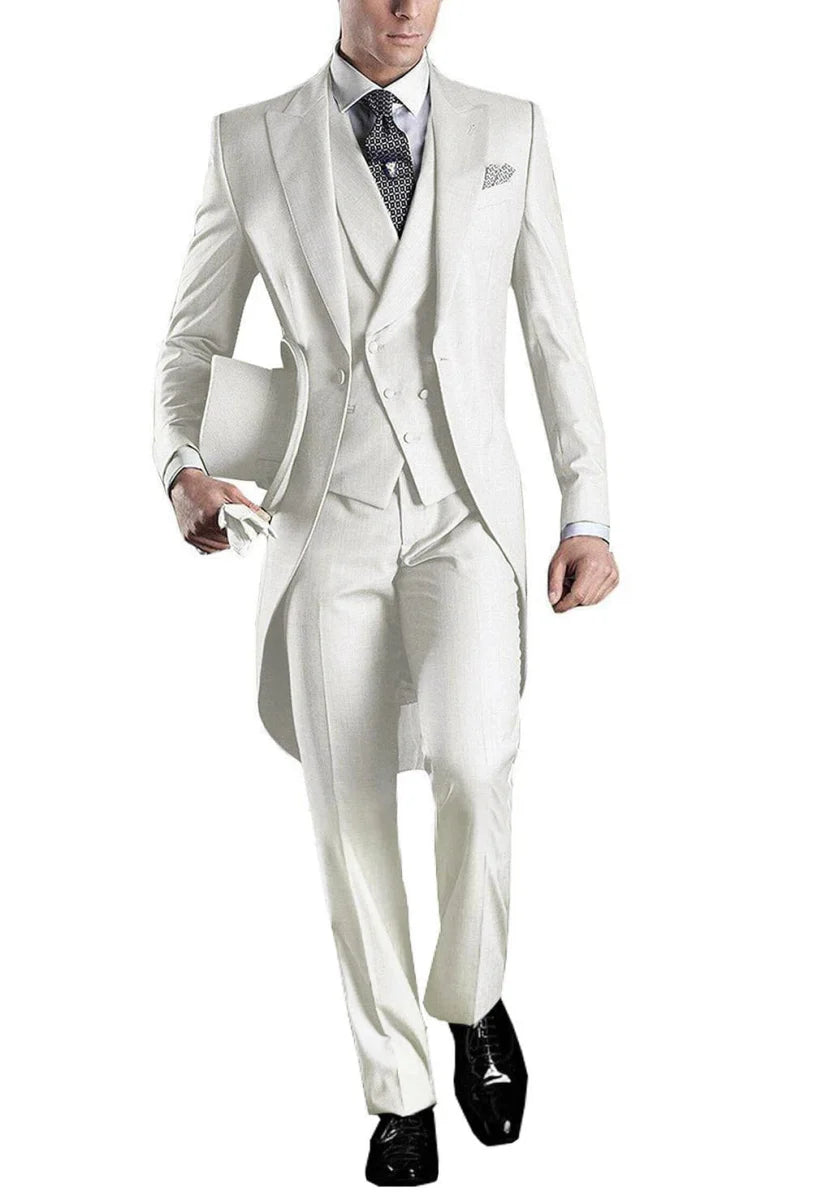 Kromoc Men's 3-Piece Skinny Fit Tuxedo Suit with wool blend fabric, including tailcoat, vest, and trousers for formal occasions.