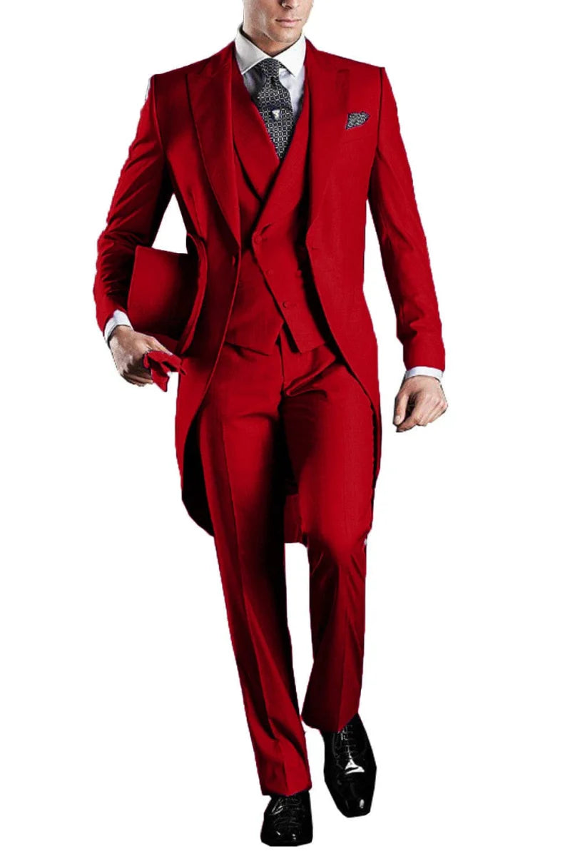Kromoc men's 3-piece skinny fit tuxedo suit with wool blend tailcoat, dress shirt, vest, and trousers for formal occasions