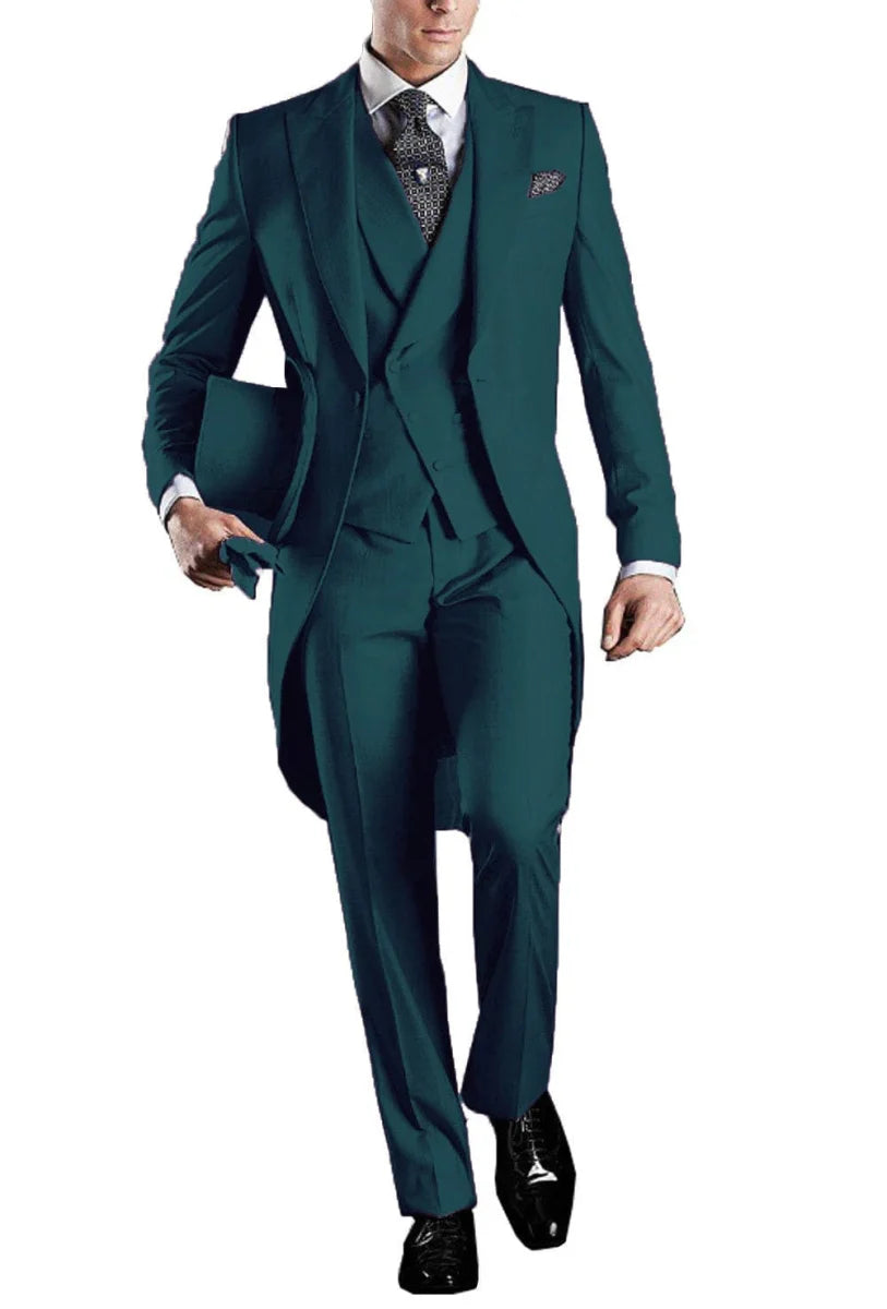 Kromoc Men's 3-Piece Skinny Fit Tuxedo Suit by Showlu Fashion, wool blend wedding tailcoat with matching vest and trousers.
