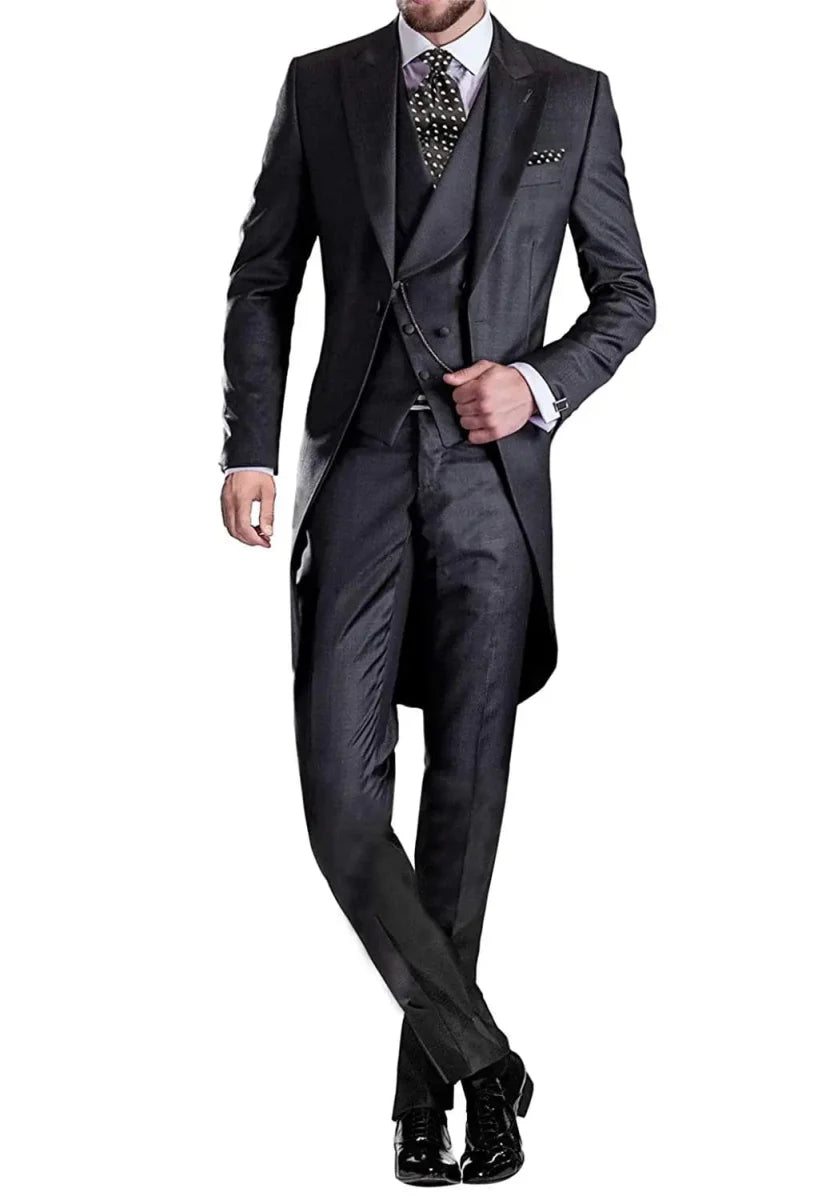 Kromoc men's 3-piece skinny fit tuxedo suit with wool blend tailcoat, dress shirt, vest, and matching trousers for formal occasions