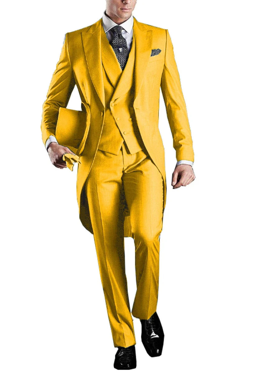 Kromoc Men's 3-Piece Skinny Fit Wool Blend Tuxedo Suit with tailcoat, vest, pants, and blazer for formal wedding or business wear.