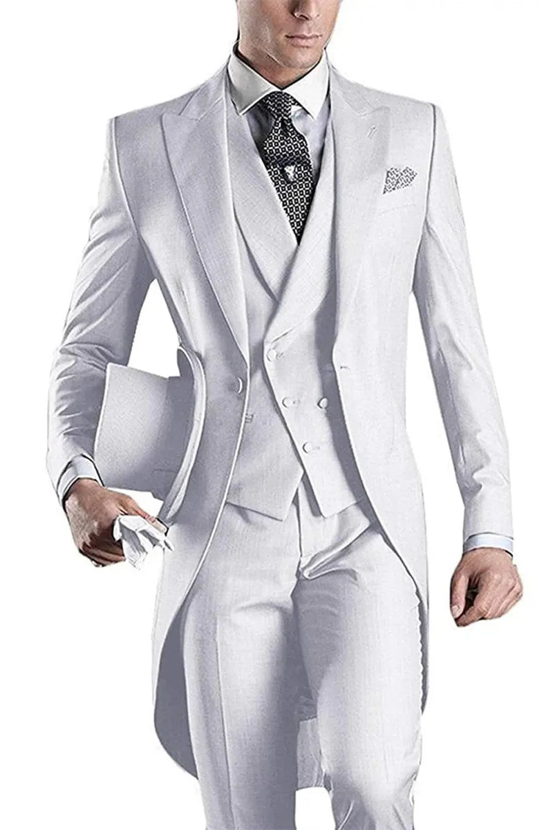 Kromoc men's 3-piece skinny fit tuxedo suit with wool blend fabric, including tailcoat, vest, and trousers, ideal for weddings.