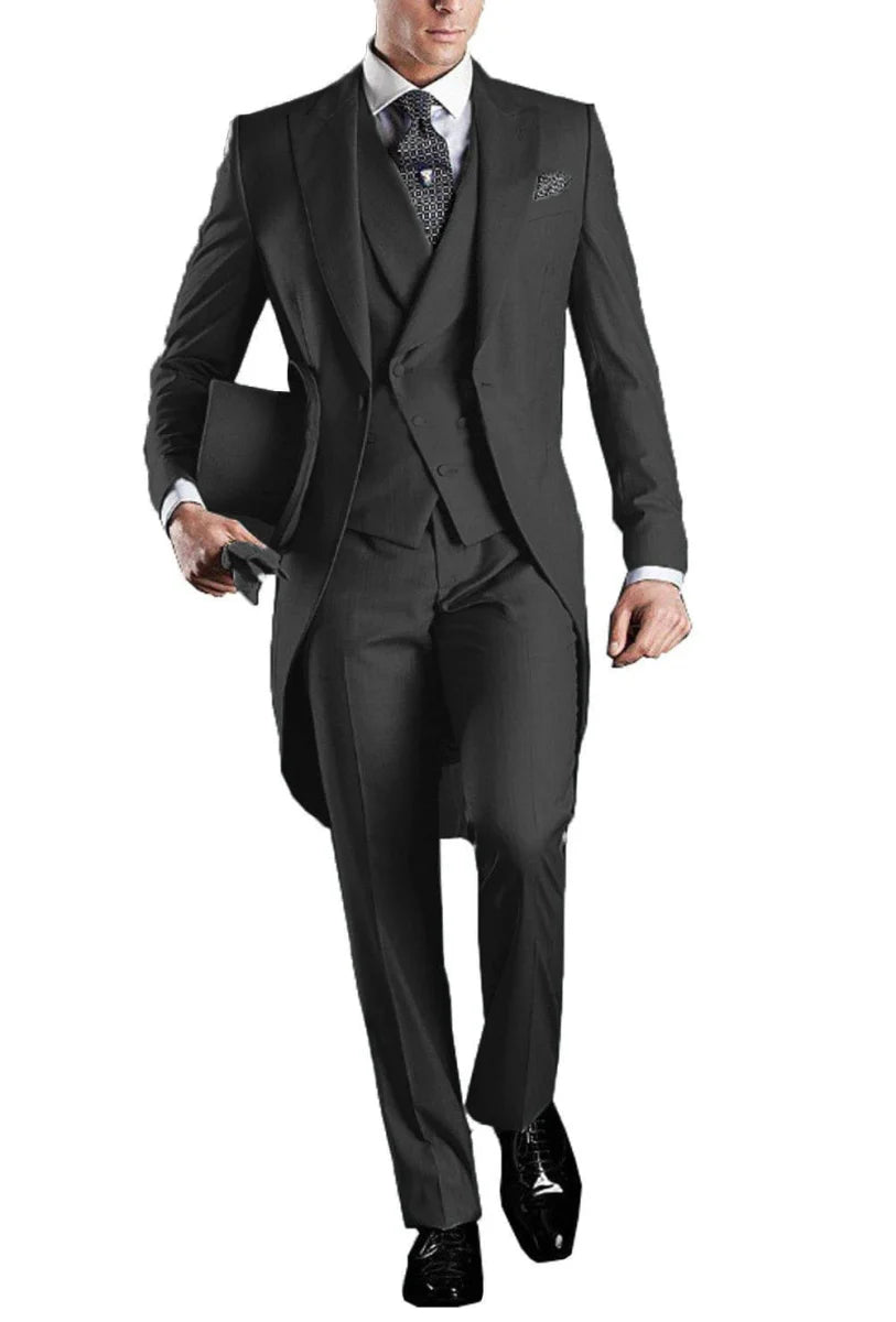 Kromoc men's 3-piece skinny fit tuxedo suit with wool blend fabric, including tailcoat, dress shirt, vest, trousers, and blazer for formal occasions