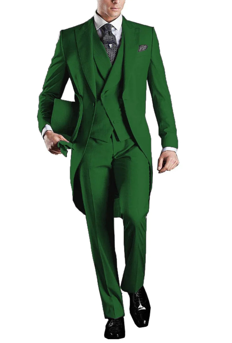 Kromoc men's 3-piece skinny fit tuxedo suit with wool blend fabric, including tailcoat, dress shirt, vest, and trousers for formal occasions