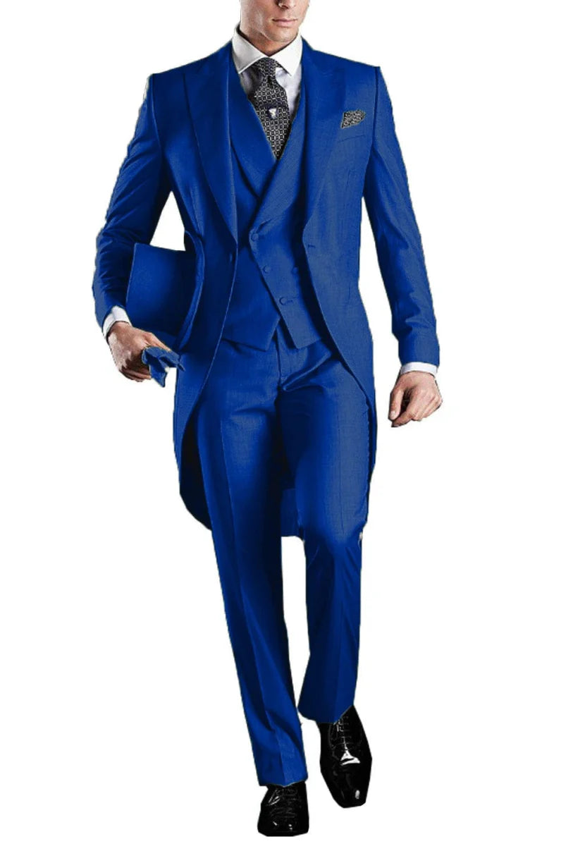 Kromoc Men's 3-Piece Skinny Fit Tuxedo Suit with wool blend tailcoat, dress pants, and vest for formal weddings and events.