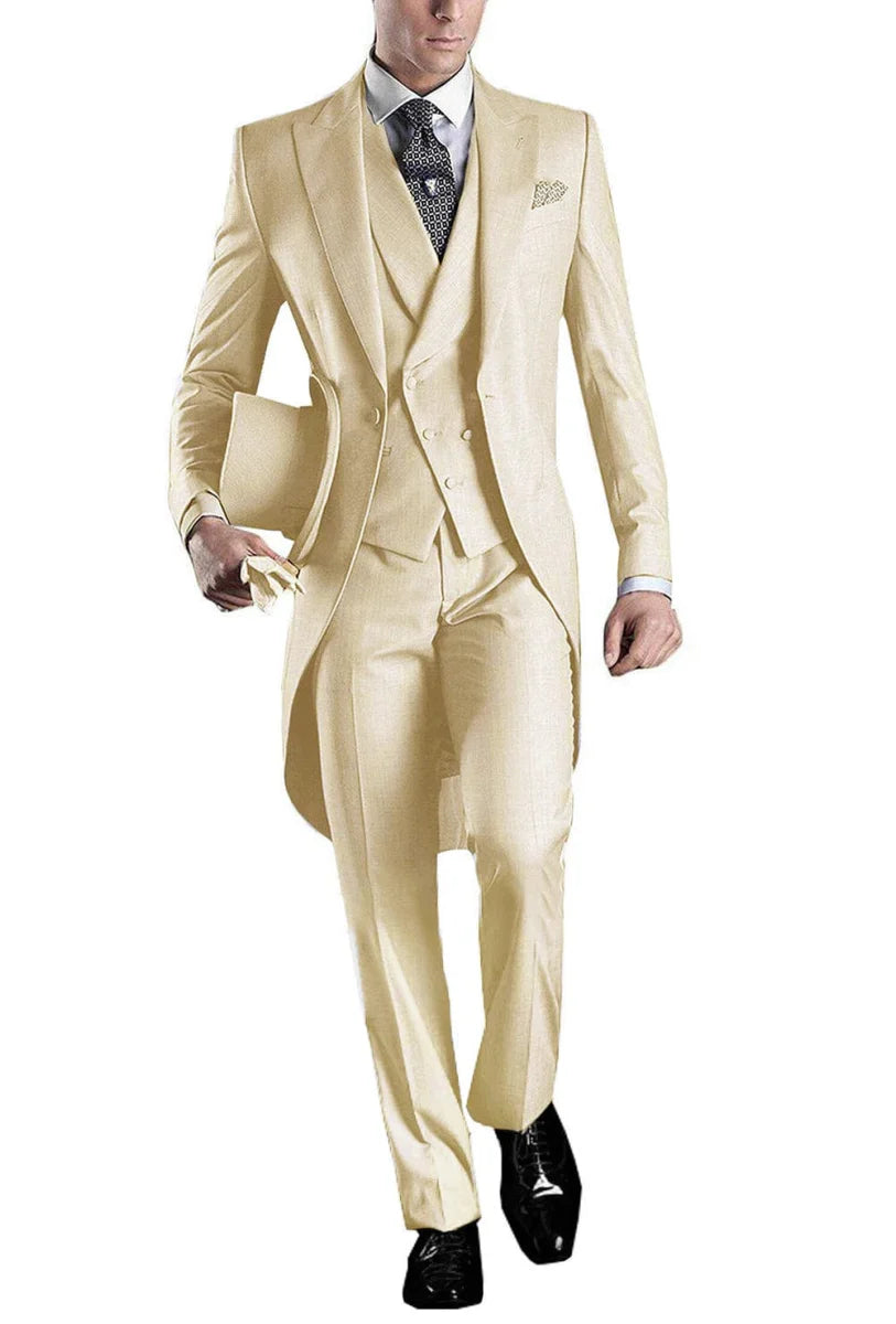 Kromoc men's 3-piece skinny fit tuxedo suit in wool blend, includes tailcoat, vest, and trousers for formal weddings or events