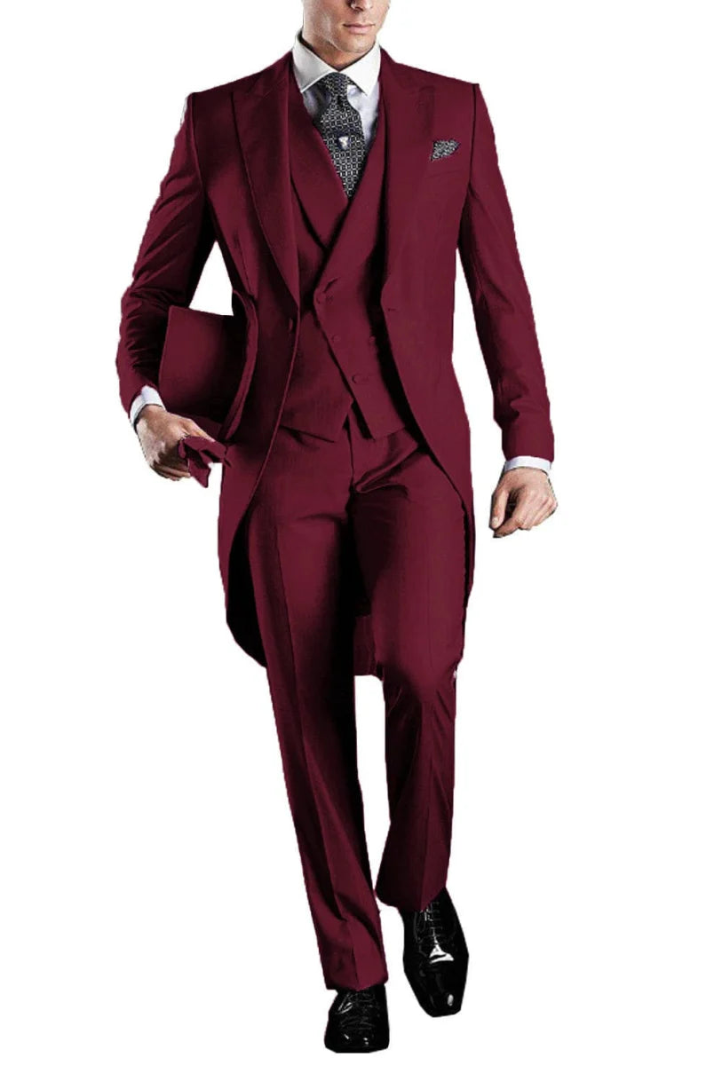 Kromoc Men's 3-Piece Skinny Fit Tuxedo Suit with wool blend tailcoat, vest, pants, and blazer for formal weddings and events.