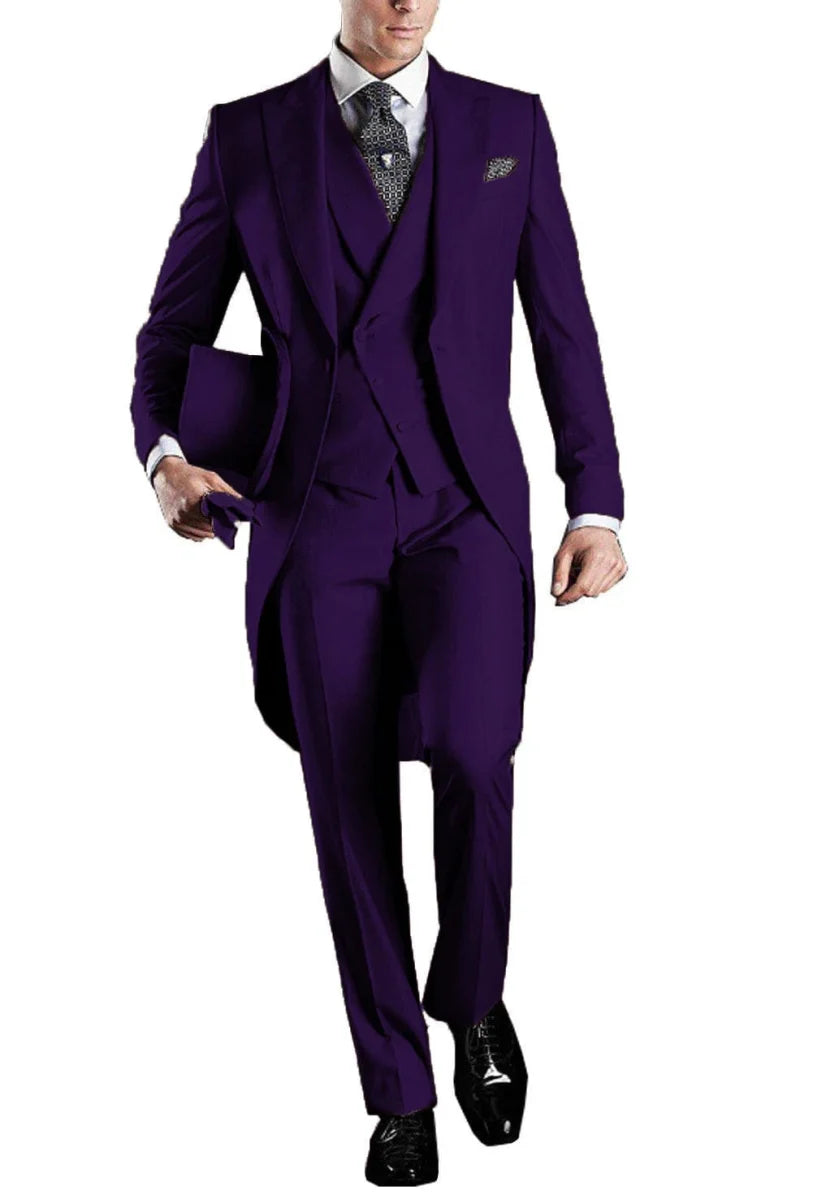 Kromoc men's 3-piece skinny fit tuxedo suit with wool blend fabric, includes tailcoat, vest, dress shirt, and trousers for formal occasions