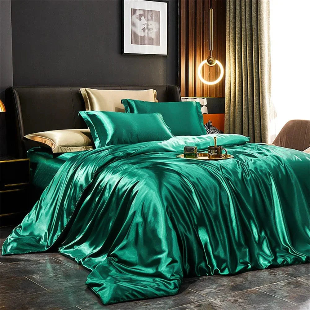 Luxury silk satin bedding set by SHOWLU FASHION with a solid duvet cover, pillowcases, and bed sheet for king, queen, or twin beds.