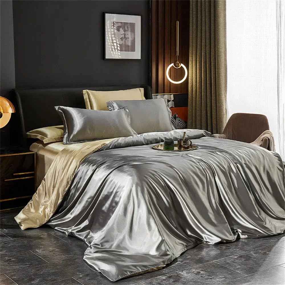 Luxury silk satin bedding set with duvet cover, pillowcases, and bed sheet in solid design for king, queen, and twin beds.