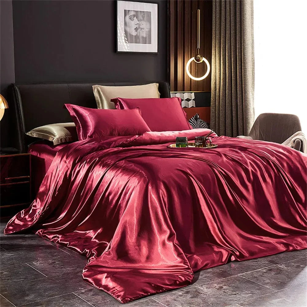 Luxury silk satin bedding set by SHOWLU FASHION STORE, includes duvet cover, pillowcases, and bed sheet in solid elegant design.