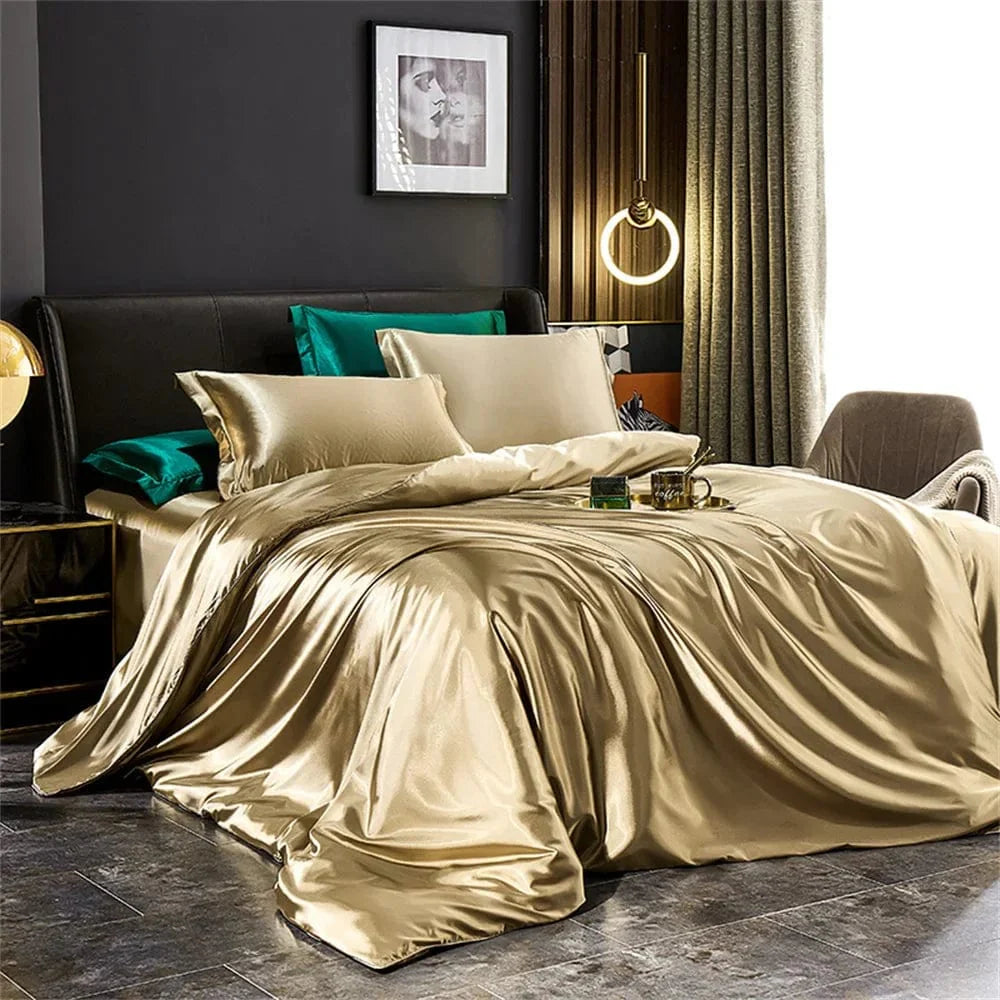 Luxury silk satin bedding set by SHOWLU FASHION with solid duvet cover, pillowcases, and sheets for king, queen, or twin beds.