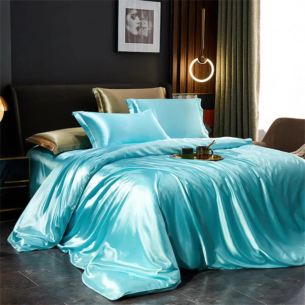 Luxury silk satin bedding set by SHOWLU FASHION STORE, includes duvet cover, pillowcases, and bed sheet in solid elegant design.