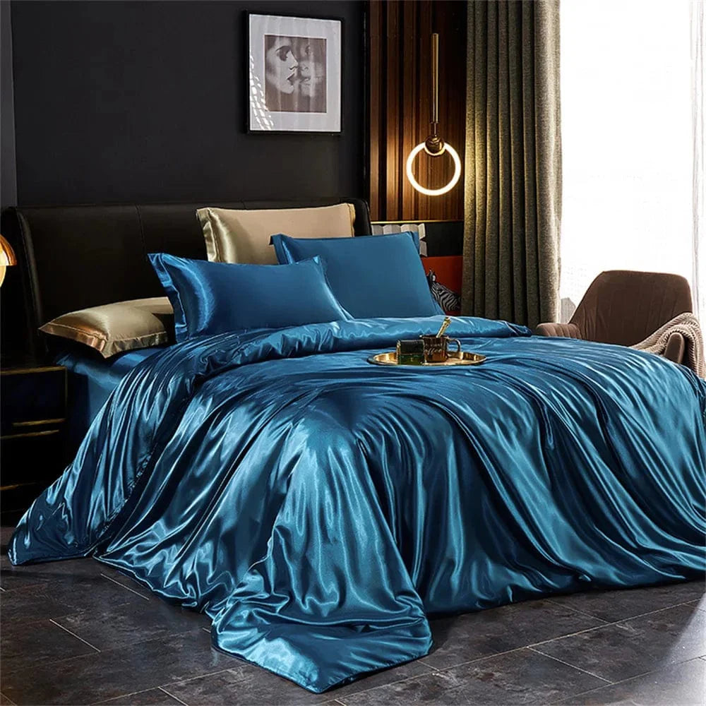 Luxury silk satin bedding set with solid duvet cover, pillowcases, and bed sheet in single, double, queen, and king sizes.