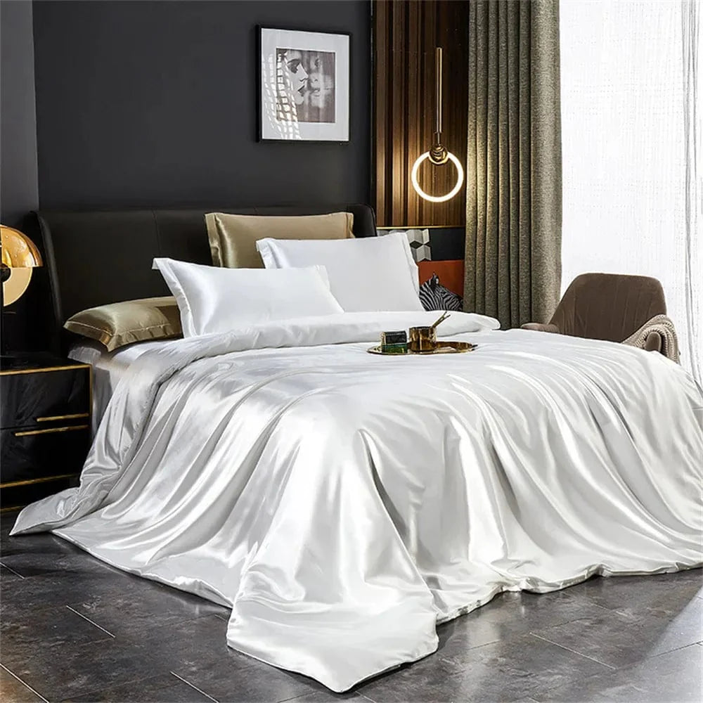 Luxury silk satin bedding set by SHOWLU FASHION with solid duvet cover, pillowcases, and bed sheet for king, queen, or twin beds.
