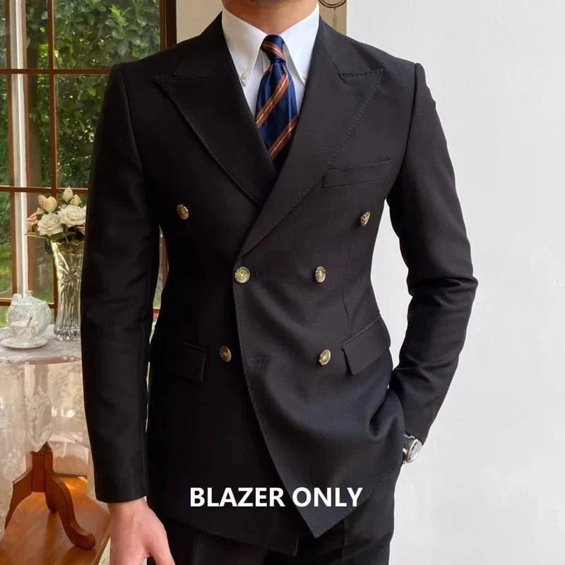 Showlu men's double-breasted wedding tuxedo jacket in solid cotton wool, formal blazer for grooms and special occasions.