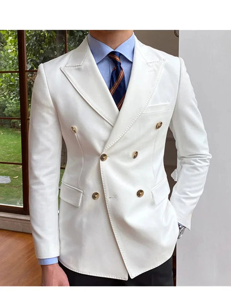 Showlu men's double-breasted wedding tuxedo jacket in cotton wool, formal blazer for groom or business wear.