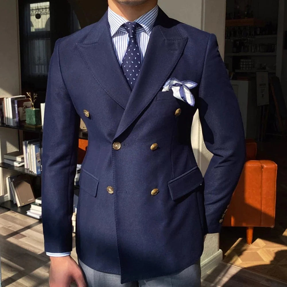 Showlu men's double-breasted wedding tuxedo jacket in cotton wool, formal blazer suitable for grooms and special occasions.