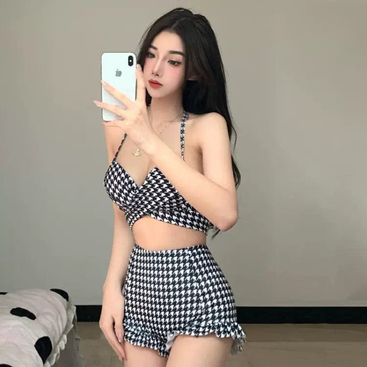 Houndstooth high waist bikini by Showlu Fashion, featuring a slim fit, sexy design, and belly coverage for women’s swimwear.