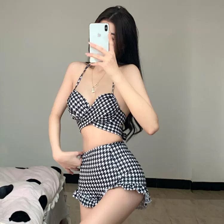 Houndstooth high waist bikini swimsuit for women, featuring a sexy slim fit design, perfect for spring and summer beachwear.