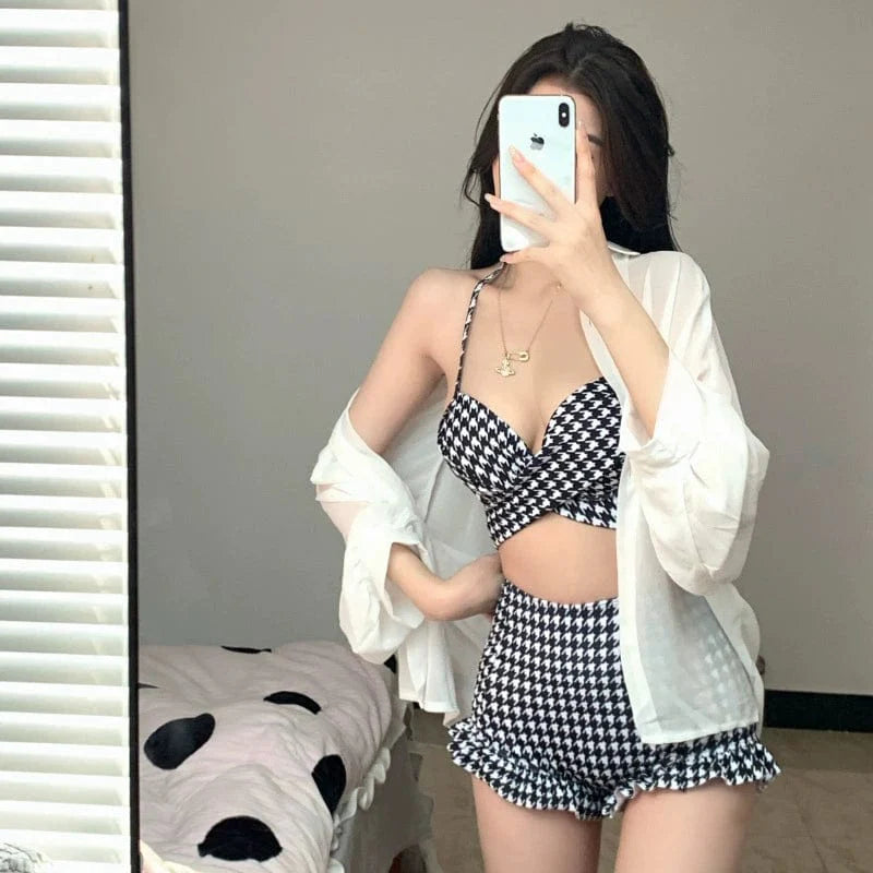 Houndstooth high waist bikini by Showlu Fashion, slim fit women's swimsuit with sexy design and belly coverage for hot spring swimming.