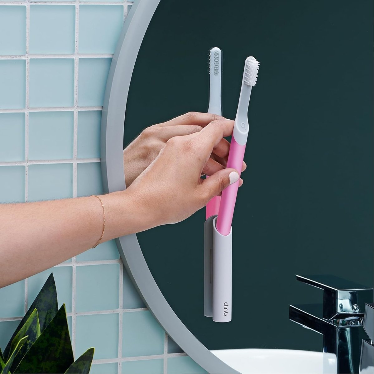 Showlu Fashion Store Quip Sonic Electric Toothbrush for Adults with soft bristles, plastic handle, cover, and replaceable brush head.