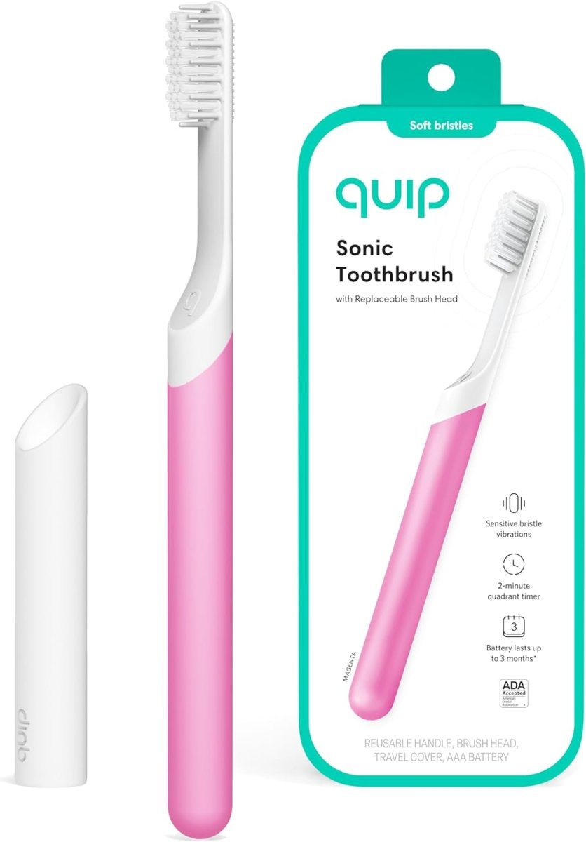 Showlu Fashion Sonic Electric Toothbrush for Adults with soft bristles, magenta handle, replaceable brush head, and travel cover.