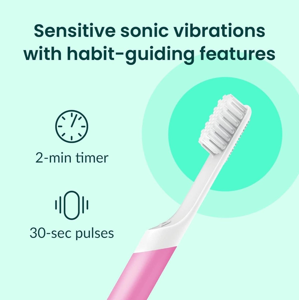 Showlu Fashion Store Quip Sonic Electric Toothbrush for Adults with soft bristles, plastic handle, travel cover, and replaceable brush head.