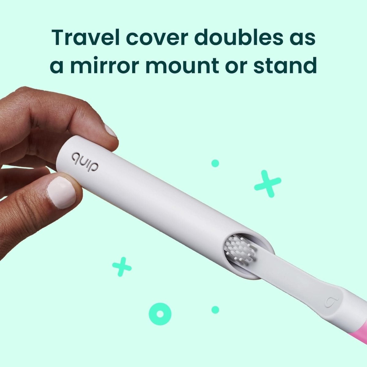 Quip Sonic Electric Toothbrush for Adults with soft bristles, plastic handle, travel cover, and replaceable brush head in magenta color
