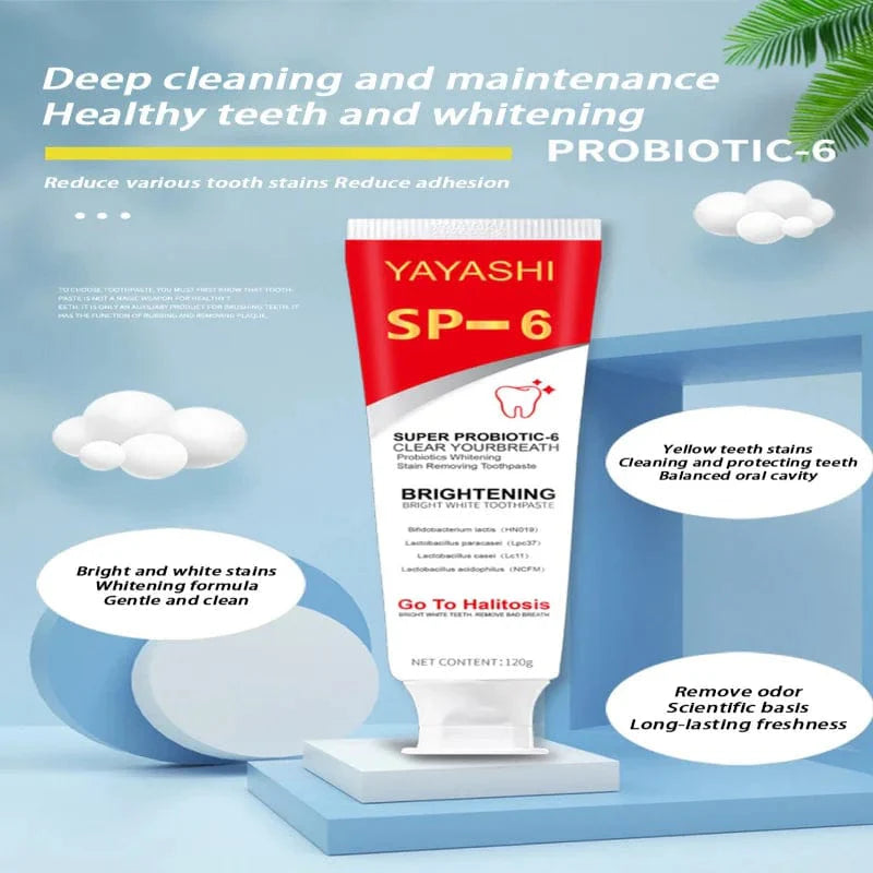 Eelhoe SP-6 Probiotic Whitening Toothpaste in 120g, showing the tube with fresh, clean teeth and dental hygiene benefits.