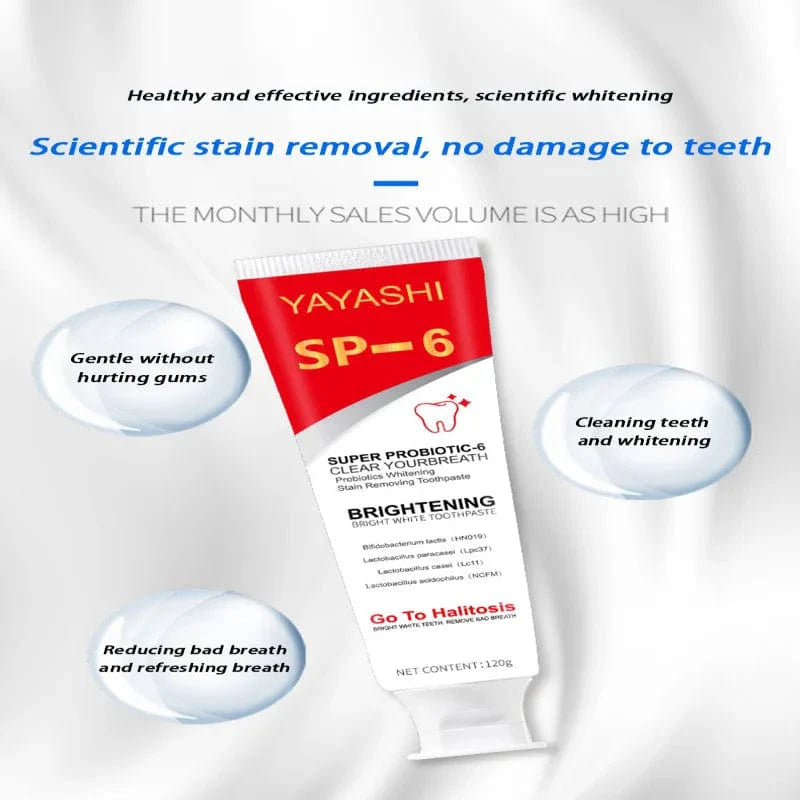 Eelhoe SP-6 Probiotic Whitening Toothpaste in 120g tube, showing fresh teeth and plaque removal for oral hygiene and stain whitening.