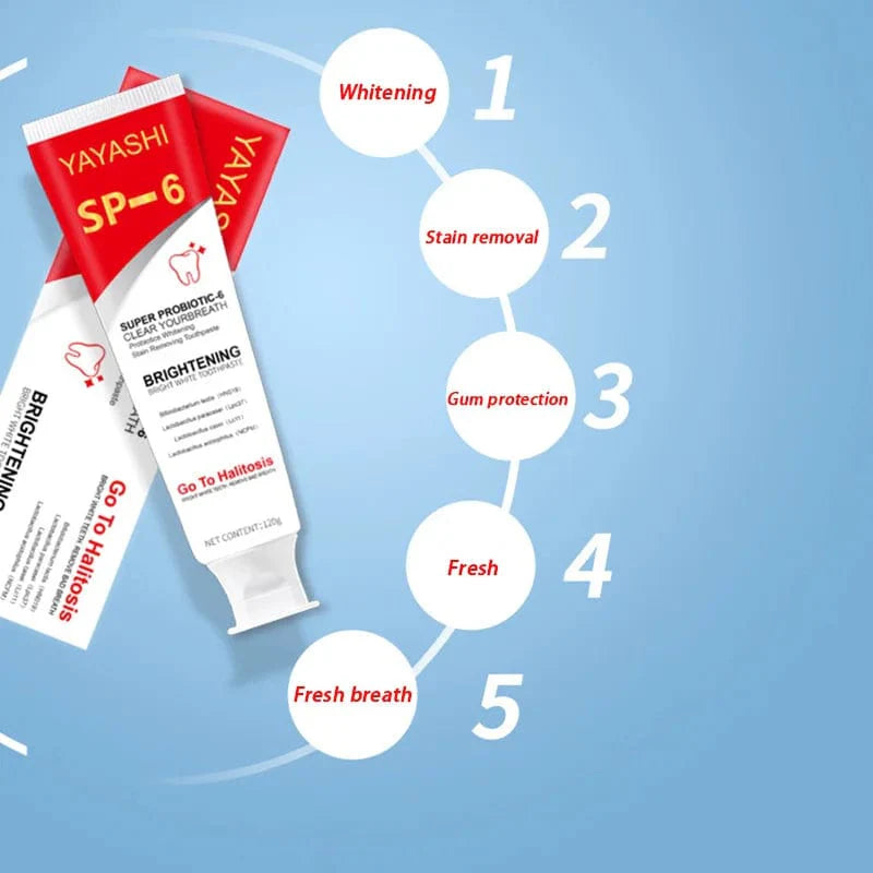 Eelhoe SP-6 Probiotic Whitening Toothpaste with 120g, removes plaque and stains, promotes fresh breath and oral hygiene.