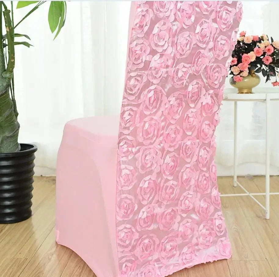 Rose embroidered lycra spandex chair cover for weddings, banquets, and parties, featuring elegant luxury pattern and hotel-style decor.