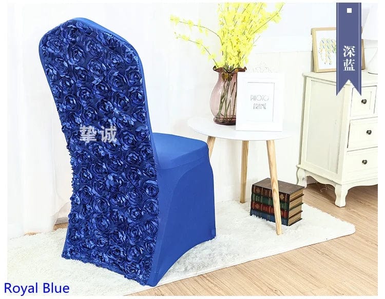 Rose embroidered spandex chair cover by EVENTSDECOR for weddings, banquets, and events, featuring elegant luxury pattern.