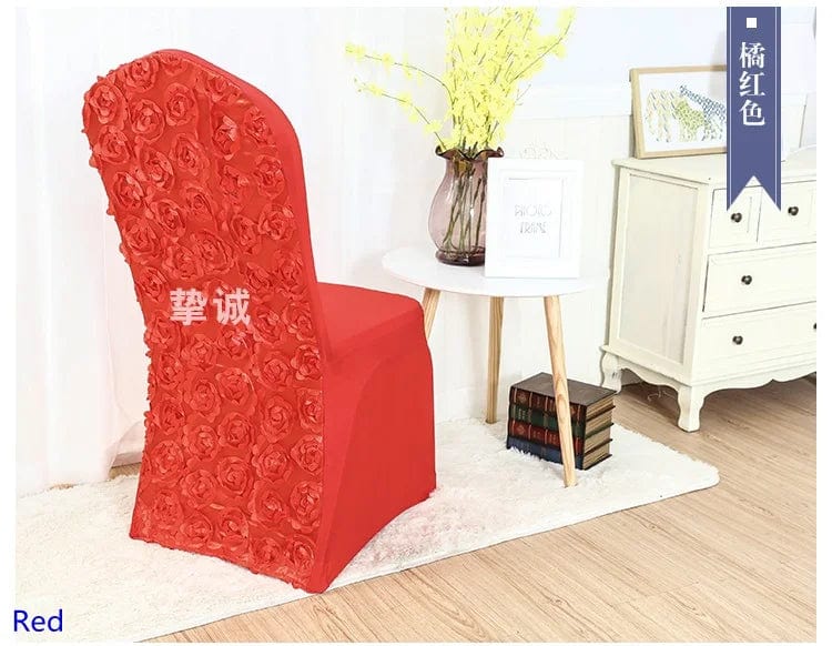 Rose embroidered spandex chair cover from EVENTSDECOR, ideal for weddings, banquets, and parties, with elegant luxurious pattern.