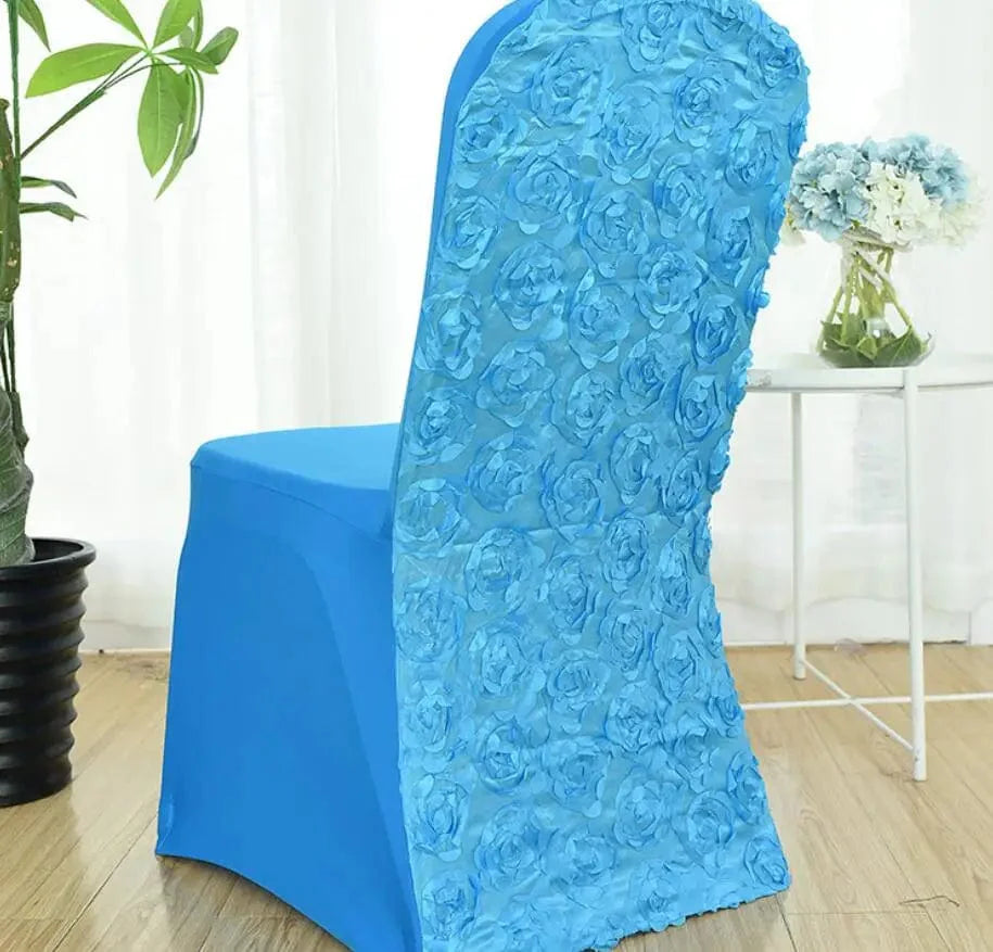 Rose embroidered spandex chair cover from EVENTSDECOR by Showlu Fashion Store, ideal for weddings and banquet decor.