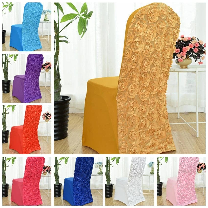 Rose embroidered spandex chair cover by EventsDecor, perfect for weddings, banquets, and special events with elegant luxury pattern