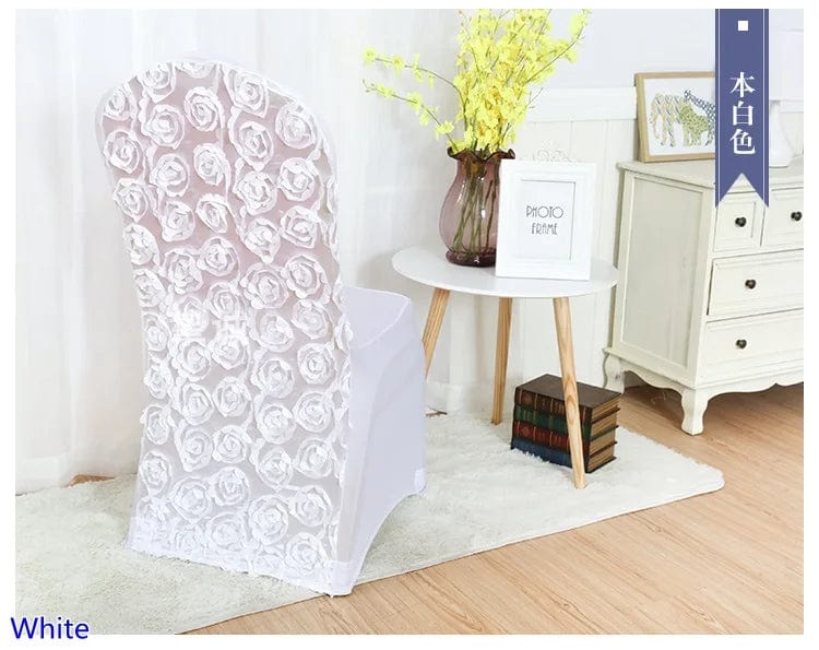 Rose embroidered spandex chair cover by EVENTSDECOR, elegant banquet decor for weddings, parties, and hotel events.