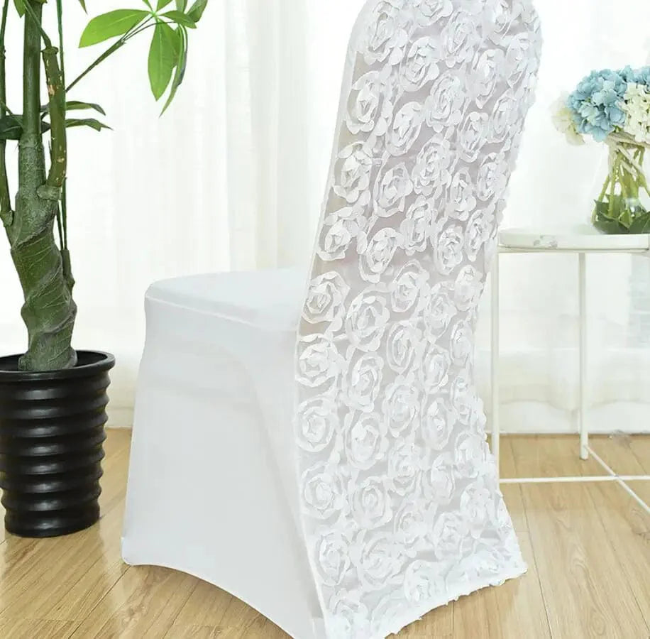 Rose-embroidered spandex chair cover by EVENTSDECOR, perfect for wedding, banquet, or birthday party decor with luxurious pattern.