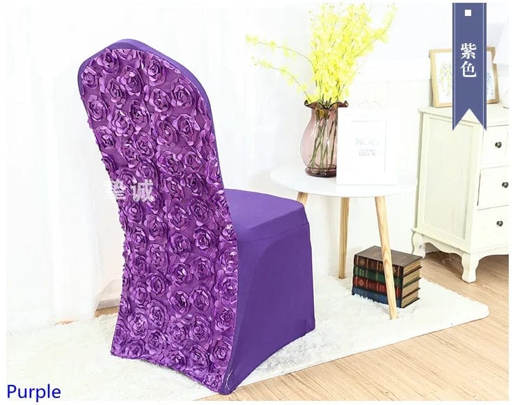 Rose embroidered spandex chair cover by EVENTSDECOR, perfect for weddings, banquets, and elegant event decor.