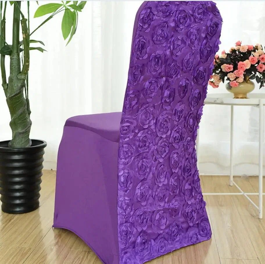 Rose embroidered spandex chair cover for weddings and banquets, elegant lycra decor for hotel events and birthday parties.