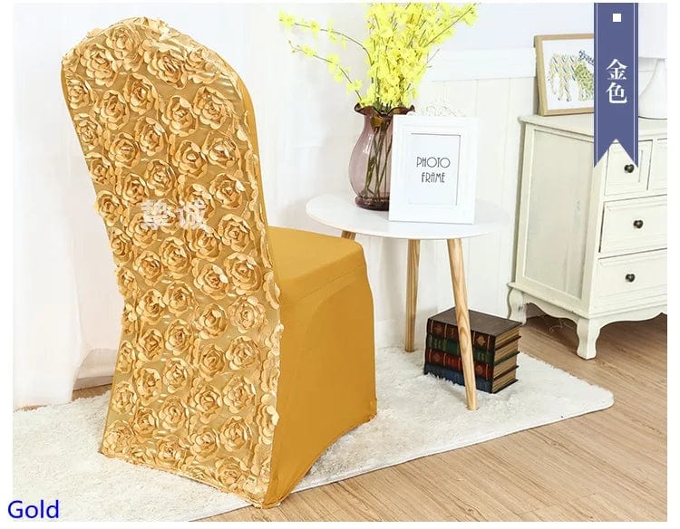 Rose embroidered spandex chair cover by EVENTSDECOR, elegant Lycra banquet decor for weddings, parties, and hotel events.